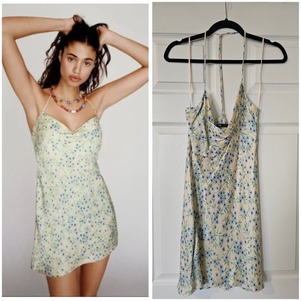 ZARA Printed Structured Strappy Racerback Cowl Neck Floral Mini Dress Size Large